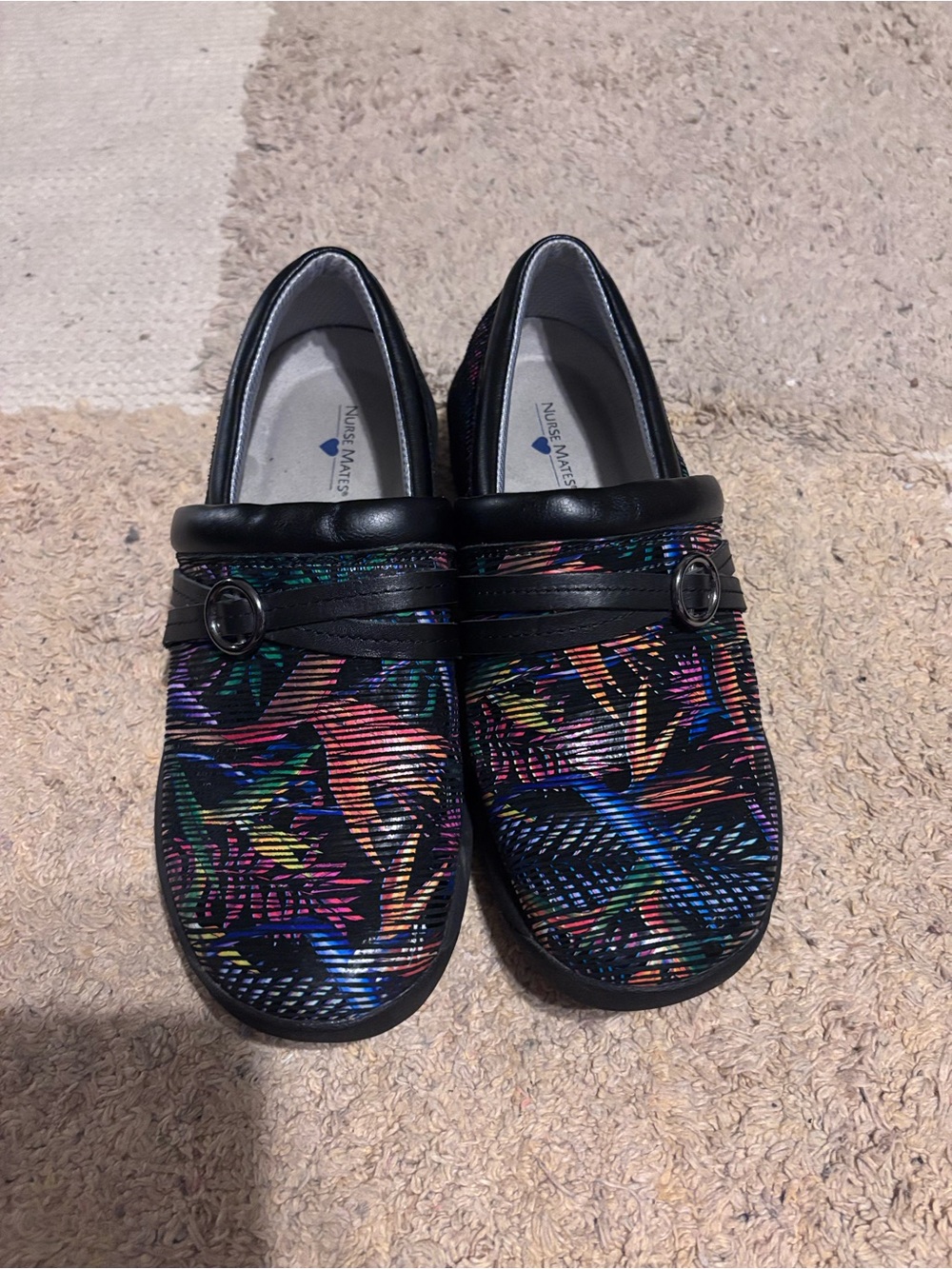 Nurse Mates Black Clogs with Multicolor Tropical Stripe Print